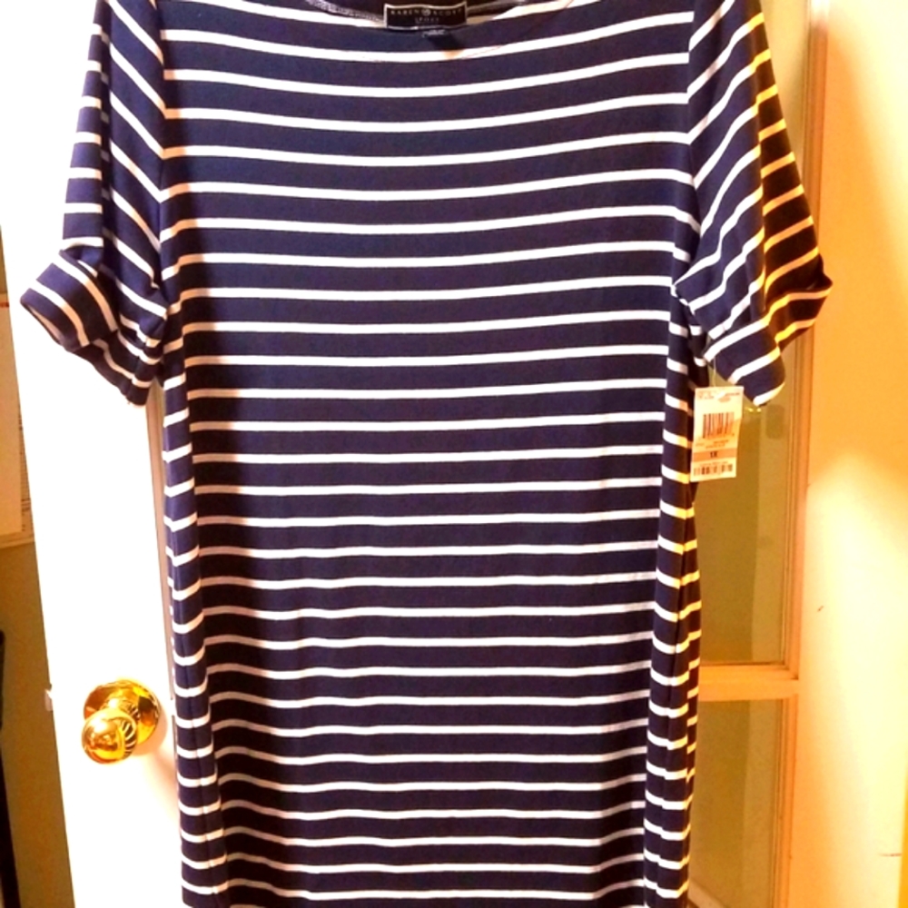 Karen Scott Dress 1X Navy/White Striped Knit